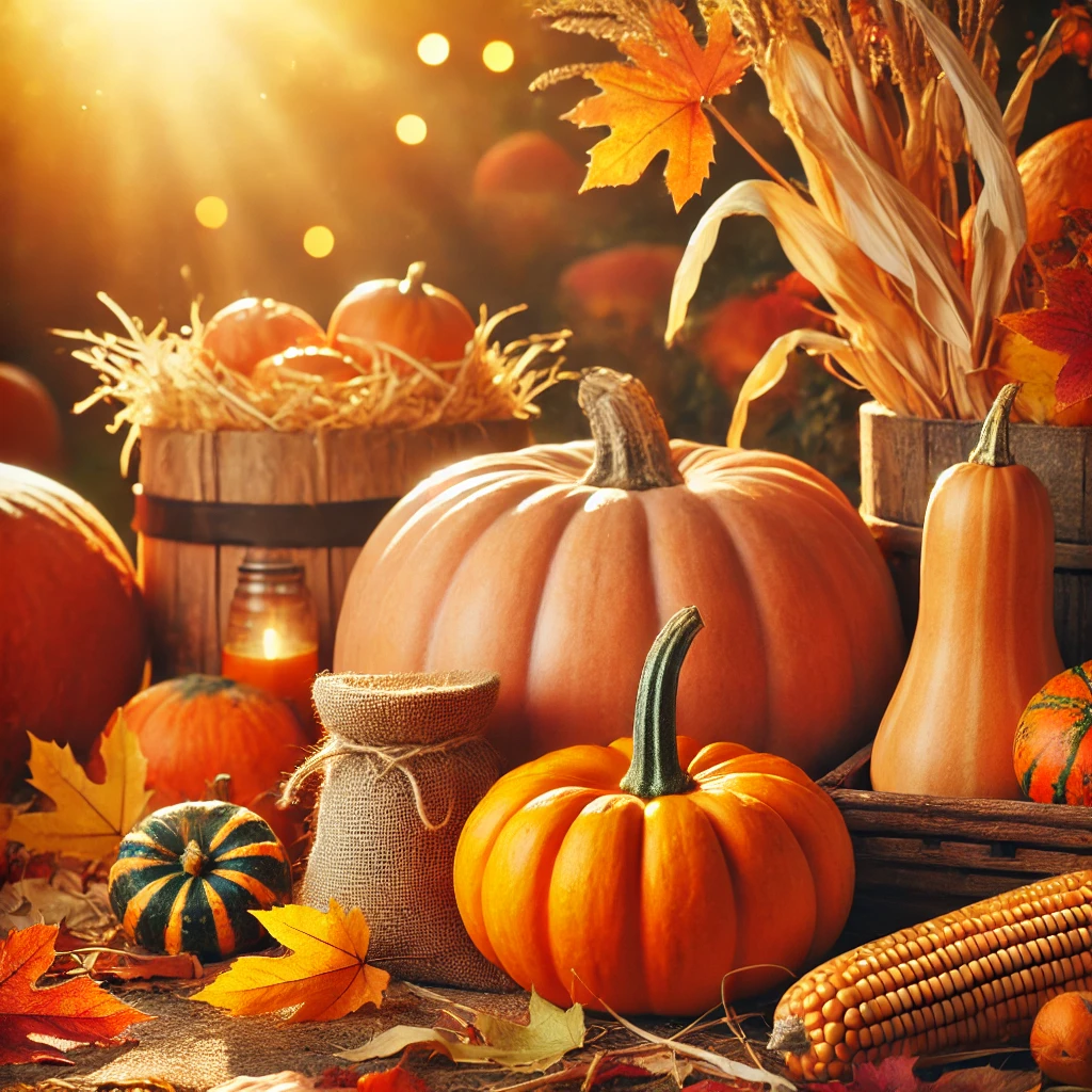 DALL·E 2024 10 23 11.24.43 A vibrant autumn scene featuring pumpkins in various sizes and shapes. The pumpkins are arranged in a natural outdoor setting with a soft warm light,